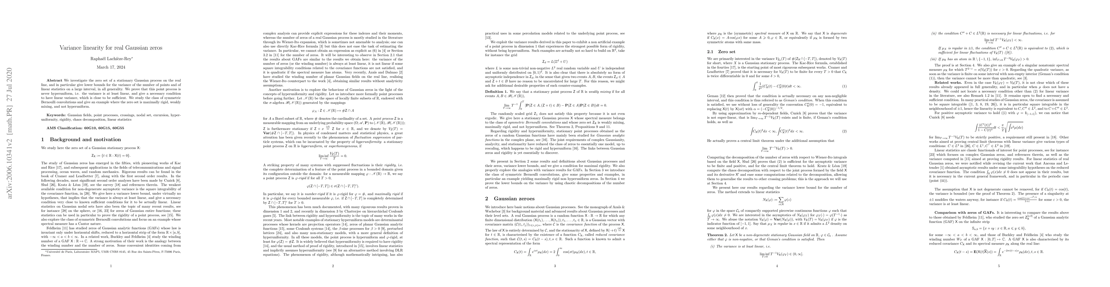 Thumbnail for Variance linearity for real Gaussian zeros