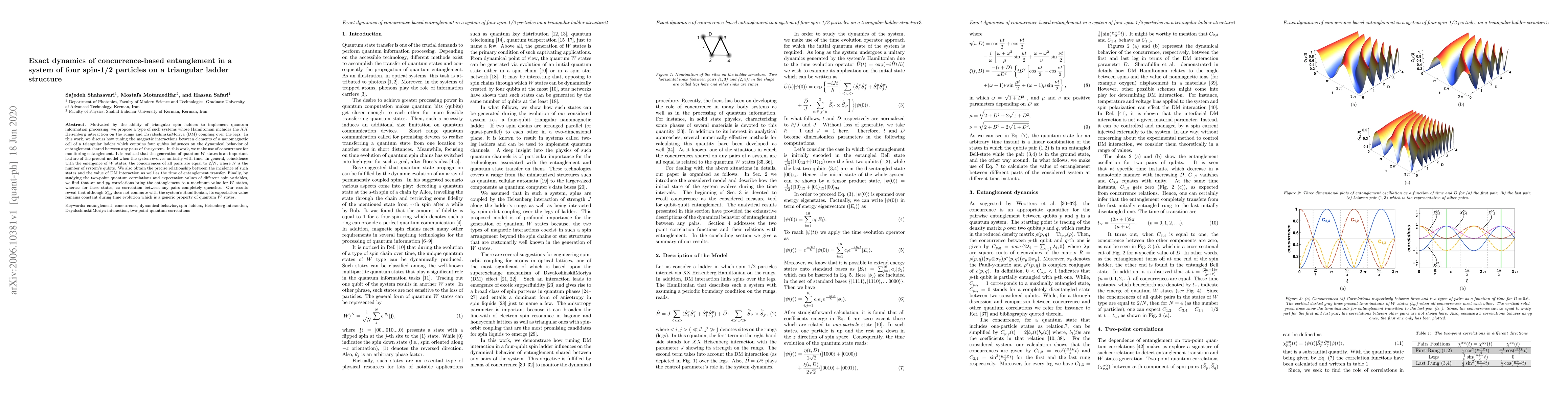 Thumbnail for Exact dynamics of concurrence-based entanglement in a system of four
  spin-1/2 particles on a triangular ladder structure