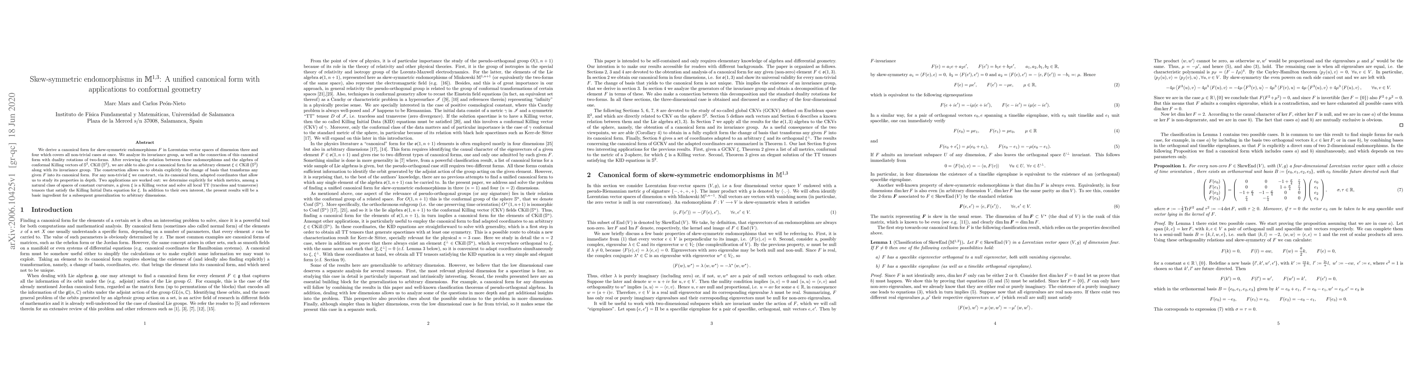 Thumbnail for Skew-symmetric endomorphisms in $\mathbb{M}^{1,3}$: A unified canonical
  form with applications to conformal geometry