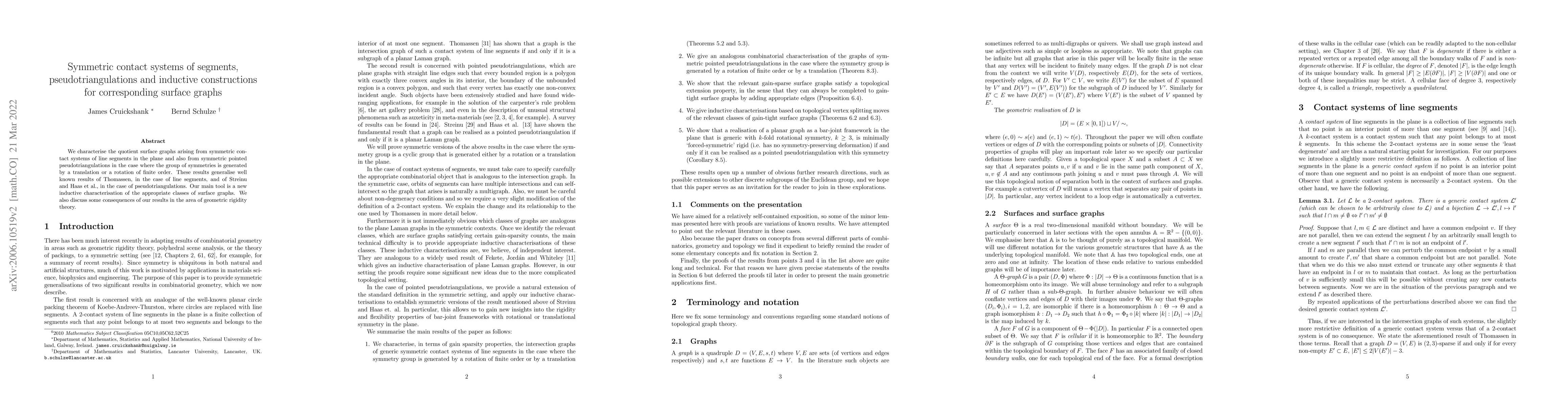 Thumbnail for Symmetric contact systems of segments, pseudotriangulations and
  inductive constructions for corresponding surface graphs