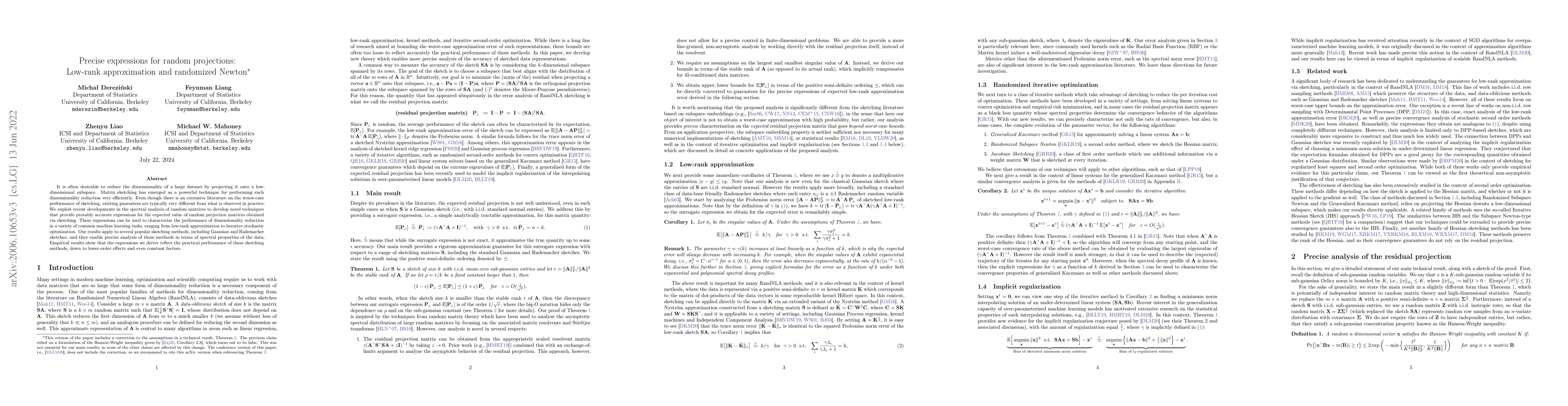 Thumbnail for Precise expressions for random projections: Low-rank approximation and
  randomized Newton