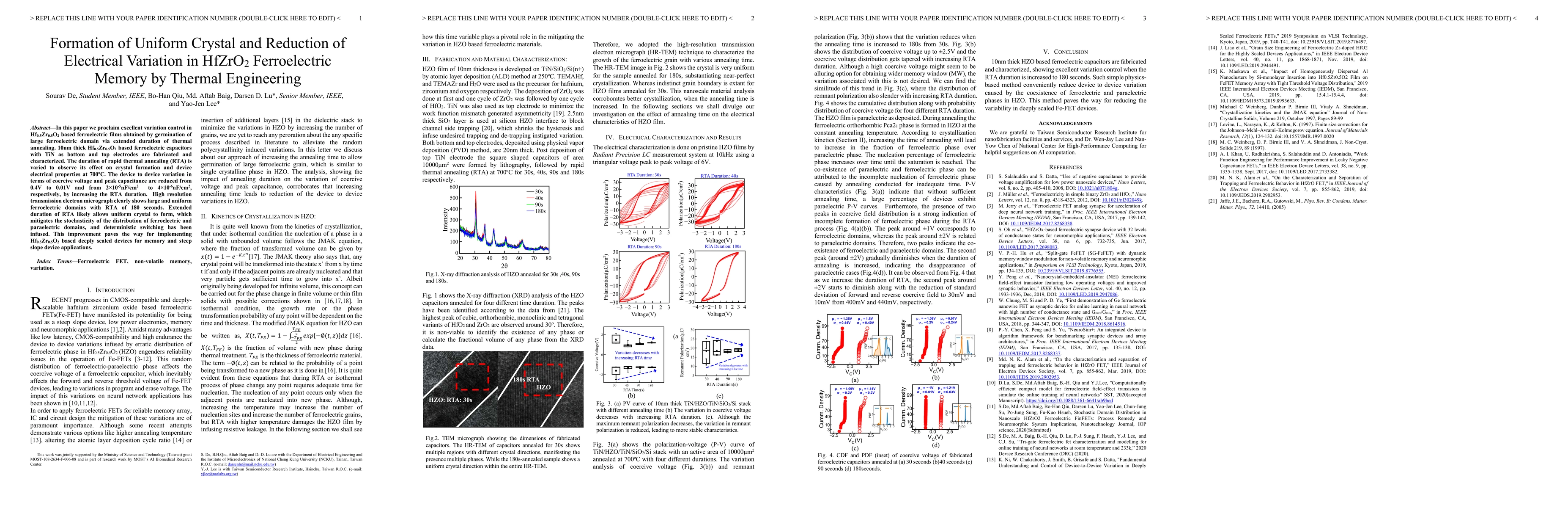 Thumbnail for Formation of Uniform Crystal and Reduction of Electrical Variation in
  HfZrO$_2$ Ferroelectric Memory by Thermal Engineering
