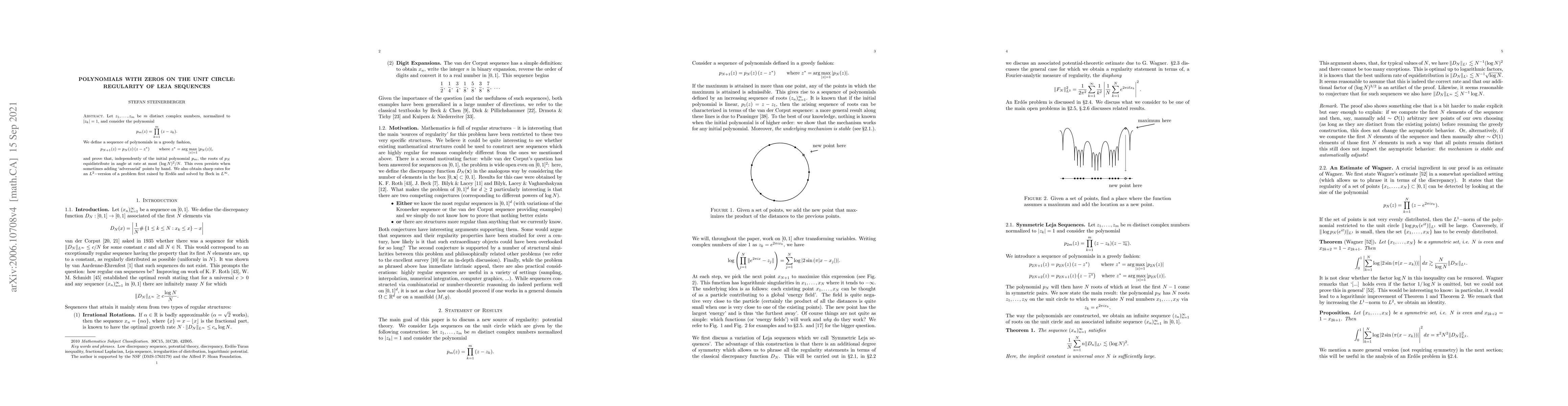 Thumbnail for Polynomials with Zeros on the Unit Circle: Regularity of Leja Sequences