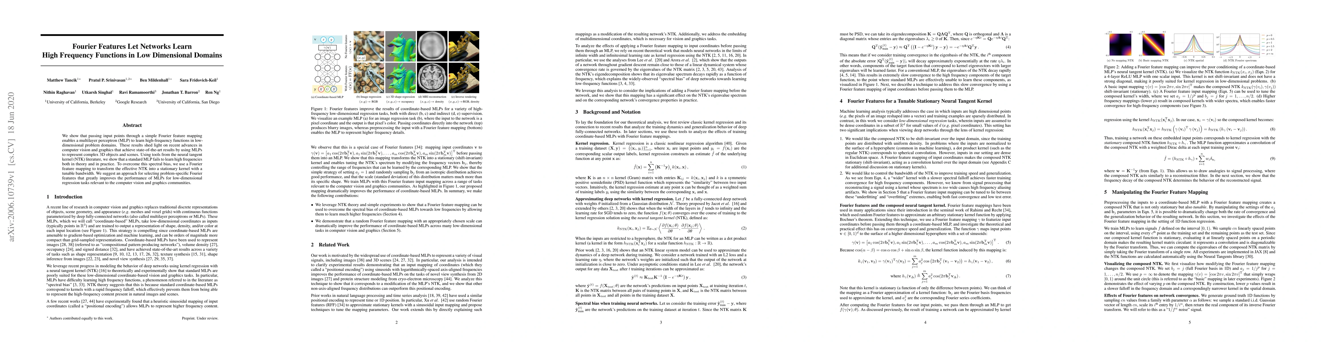 Thumbnail for Fourier Features Let Networks Learn High Frequency Functions in Low
  Dimensional Domains