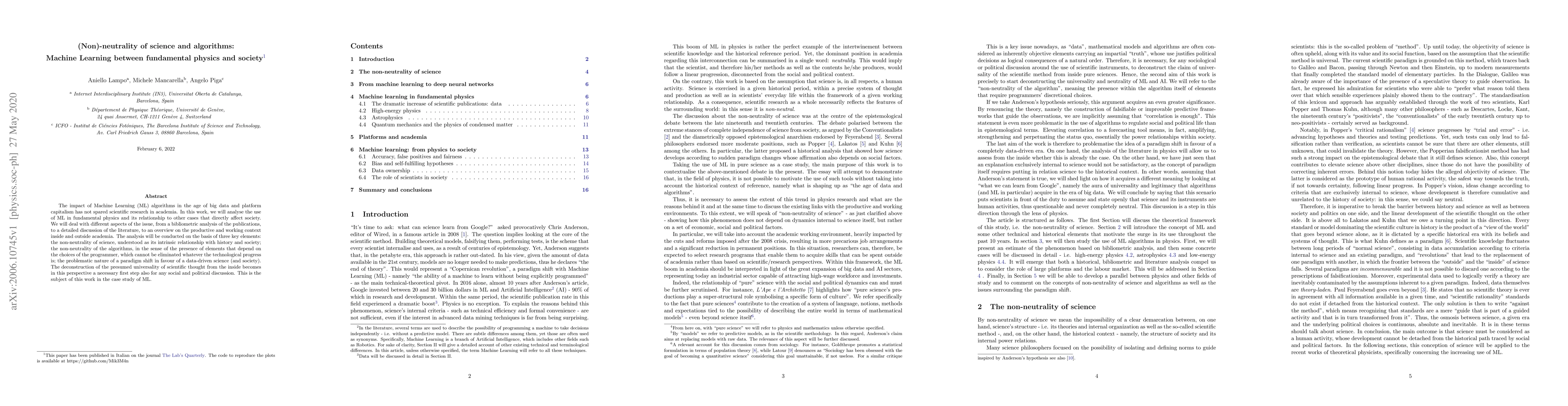 Thumbnail for (Non)-neutrality of science and algorithms: Machine Learning between
  fundamental physics and society