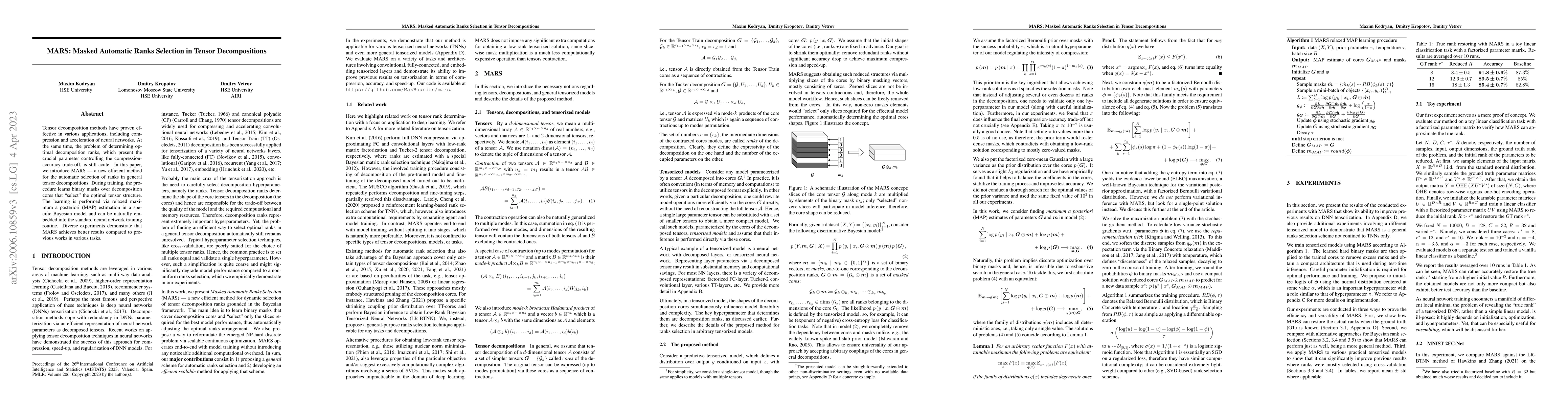 Thumbnail for MARS: Masked Automatic Ranks Selection in Tensor Decompositions
