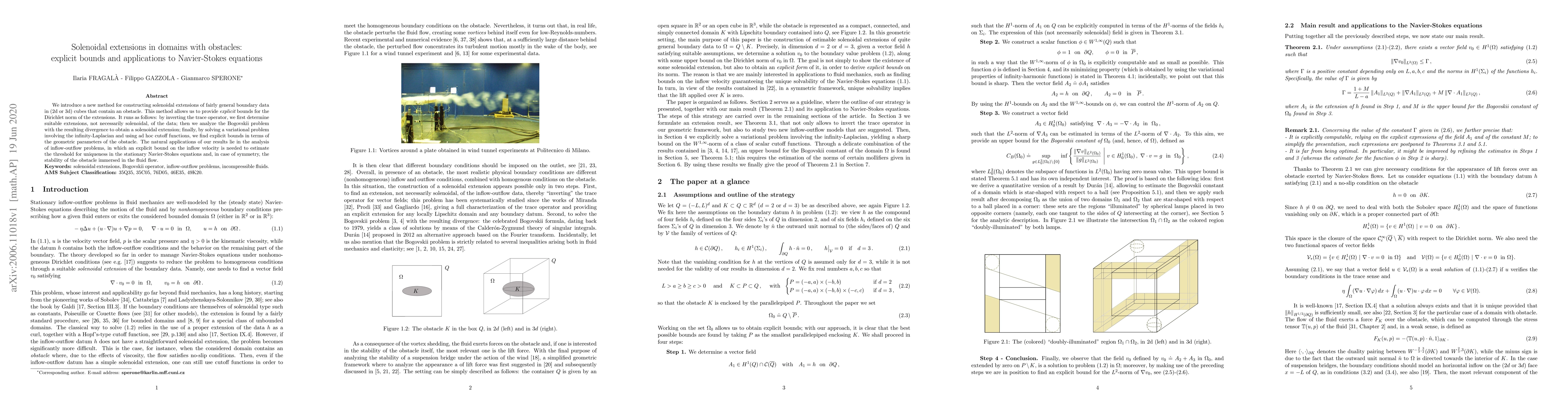Thumbnail for Solenoidal extensions in domains with obstacles: explicit bounds and
  applications to Navier-Stokes equations