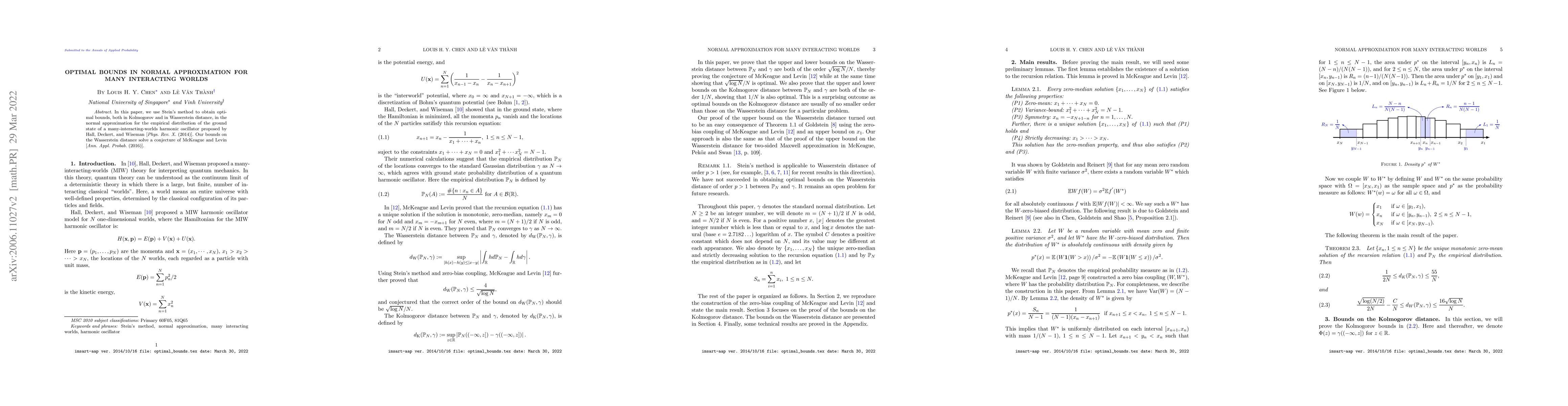 Thumbnail for Optimal Bounds in Normal Approximation for Many Interacting Worlds