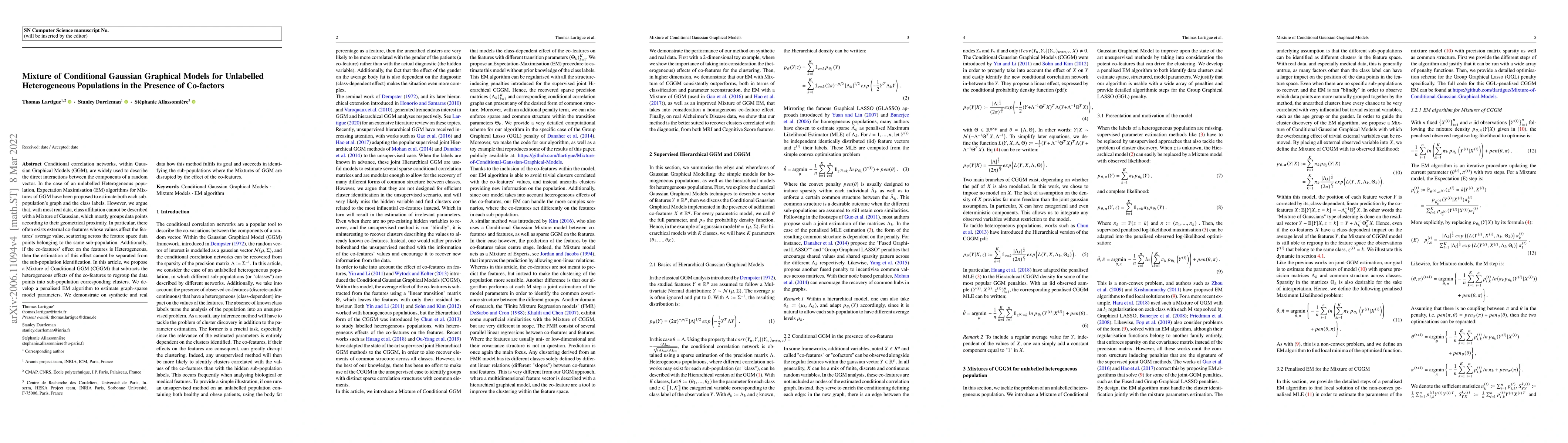 Thumbnail for Mixture of Conditional Gaussian Graphical Models for unlabelled
  heterogeneous populations in the presence of co-factors