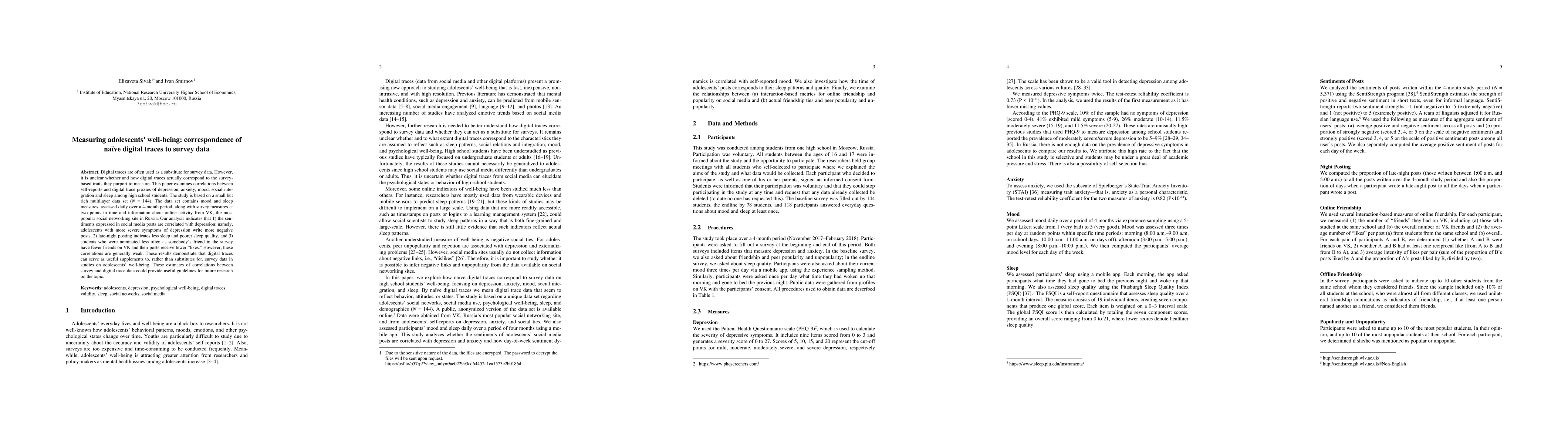 Thumbnail for Measuring Adolescents' Well-being: Correspondence of Naive Digital
  Traces to Survey Data
