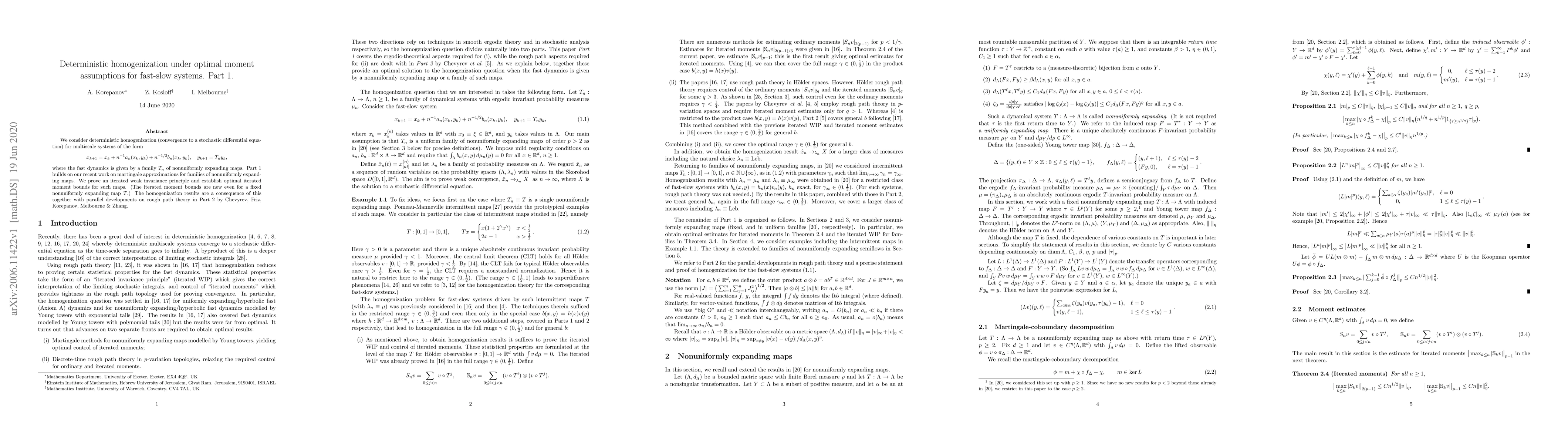 Thumbnail for Deterministic homogenization under optimal moment assumptions for
  fast-slow systems. Part 1