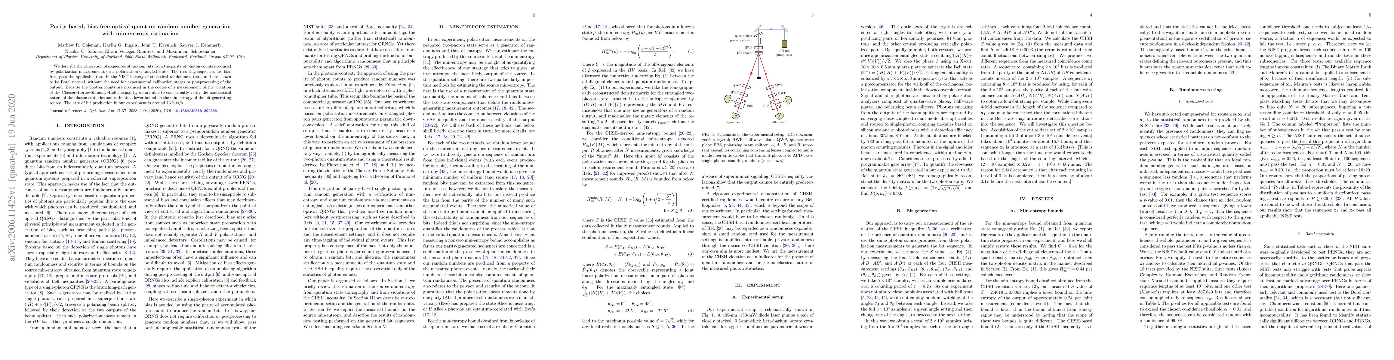 Thumbnail for Parity-based, bias-free optical quantum random number generation with
  min-entropy estimation