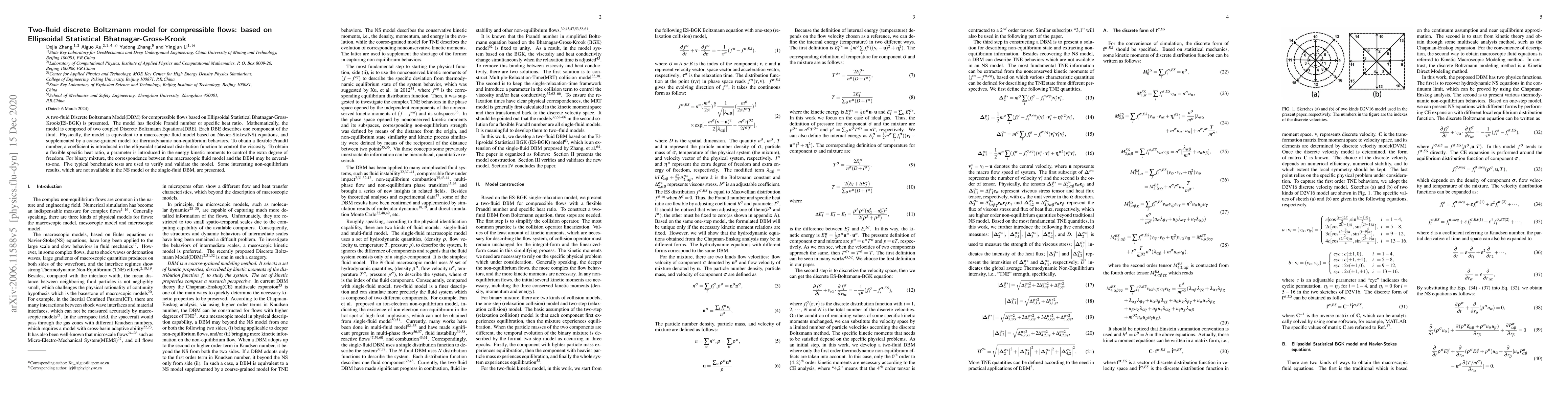 Thumbnail for Two-fluid discrete Boltzmann model for compressible flows: based on
  Ellipsoidal Statistical Bhatnagar-Gross-Krook