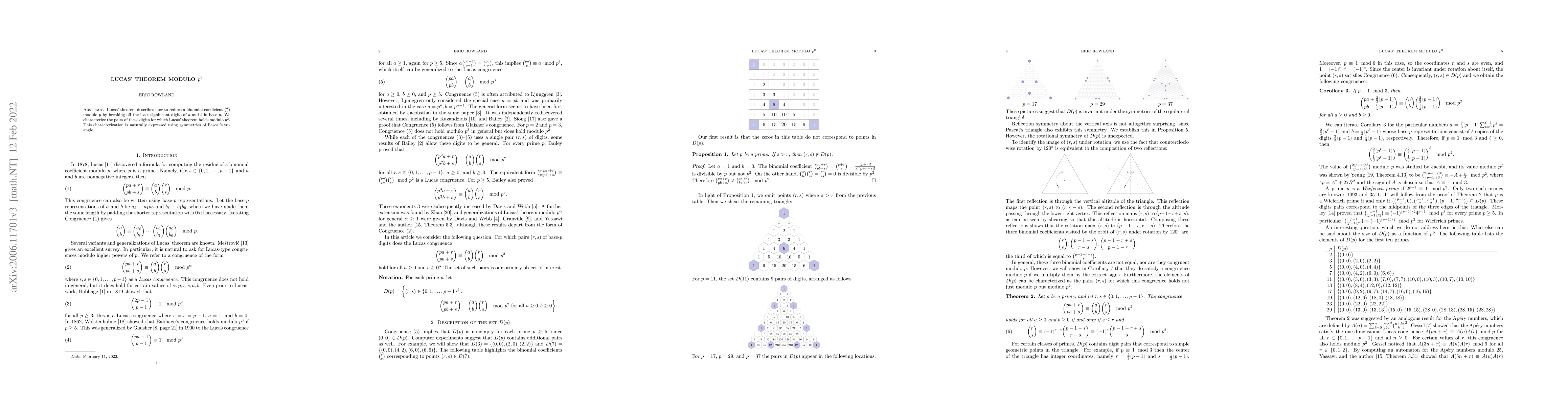 Thumbnail for Lucas' theorem modulo $p^2$