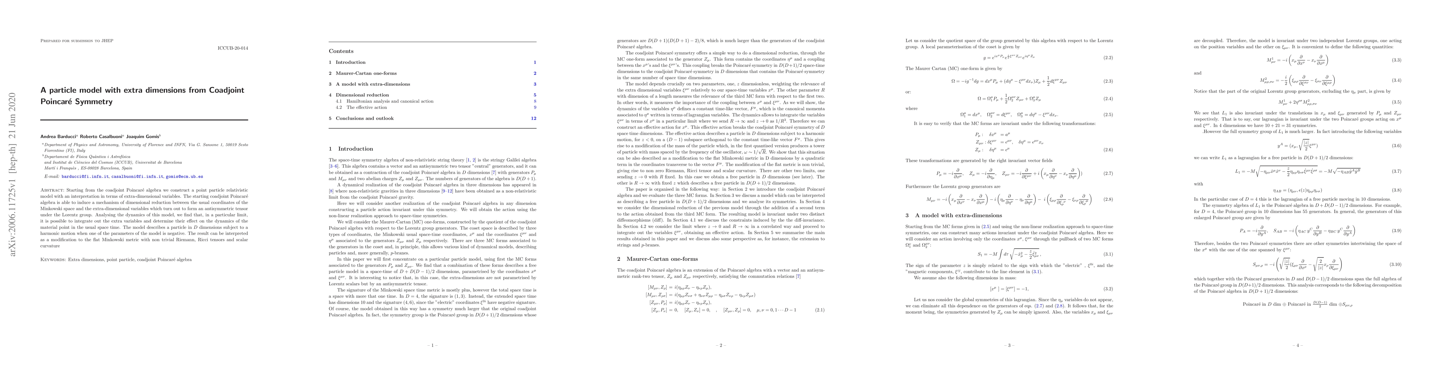 Thumbnail for A particle model with extra dimensions from Coadjoint Poincare' Symmetry