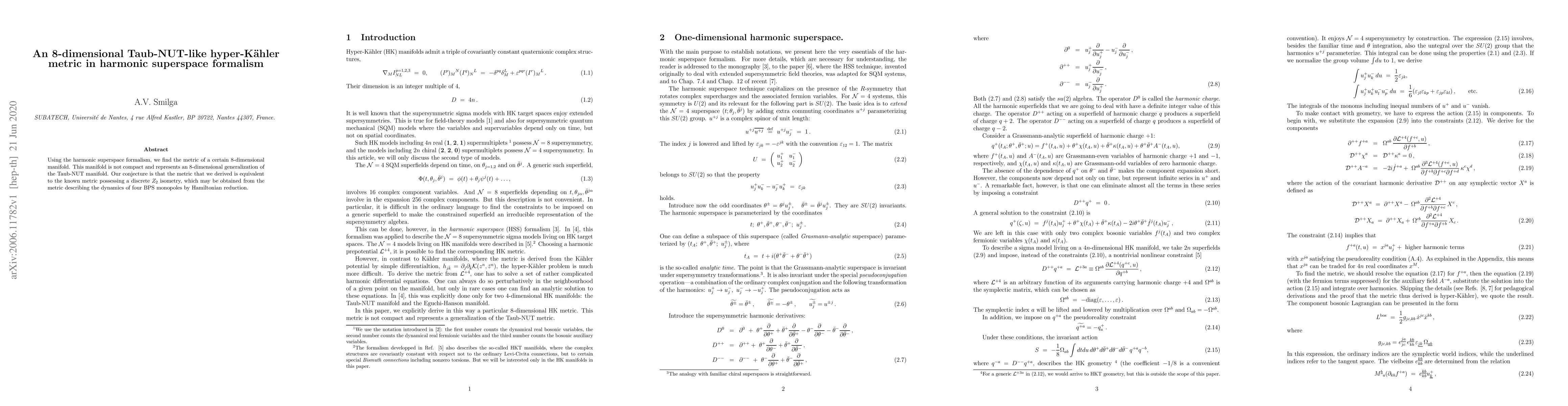 Thumbnail for An 8-dimensional Taub-NUT-like hyper-K\"ahler metric in harmonic
  superspace formalism