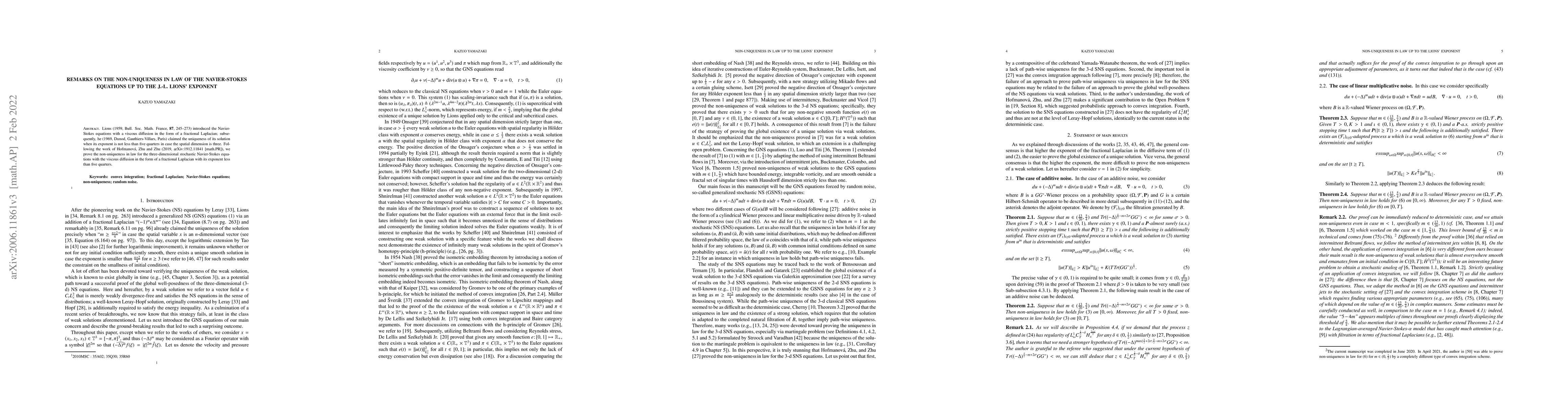 Thumbnail for Remarks on the non-uniqueness in law of the Navier-Stokes equations up
  to the J.-L. Lions' exponent