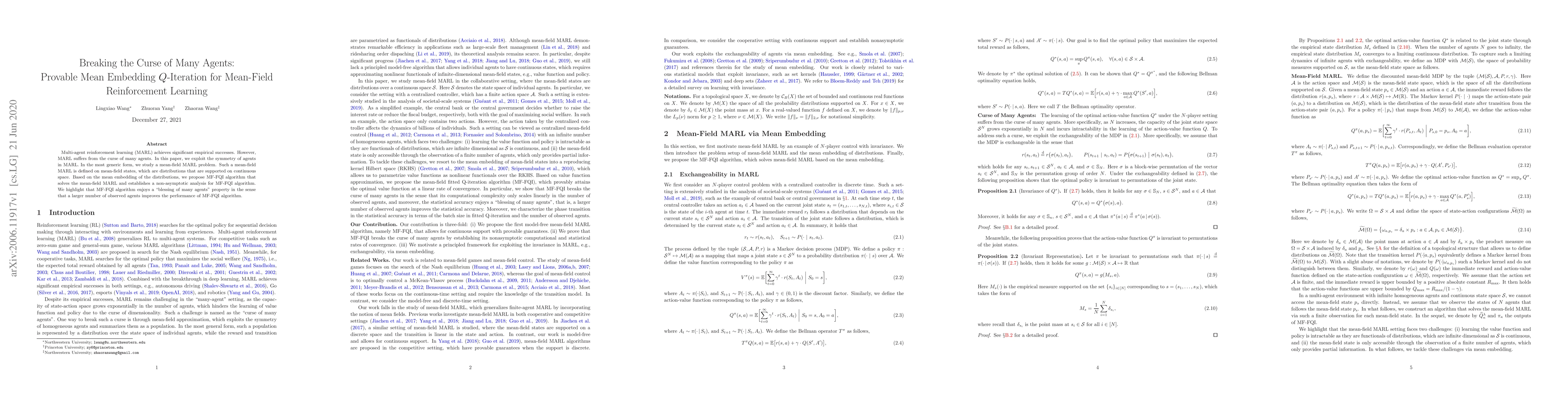 Thumbnail for Breaking the Curse of Many Agents: Provable Mean Embedding Q-Iteration
  for Mean-Field Reinforcement Learning