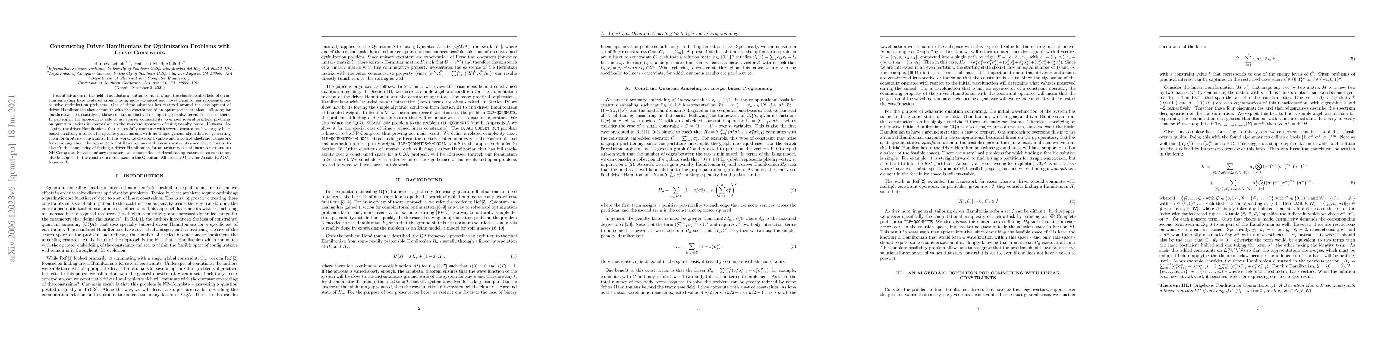 Thumbnail for Constructing Driver Hamiltonians for Optimization Problems with Linear
  Constraints