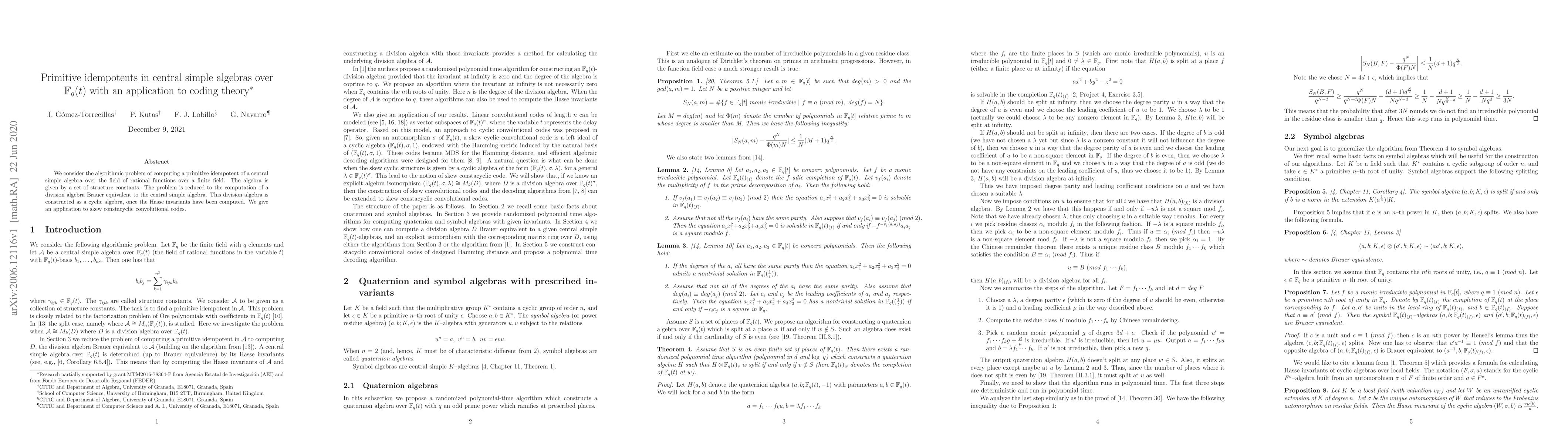 Thumbnail for Primitive idempotents in central simple algebras over $\mathbb{F}_q(t)$
  with an application to coding theory