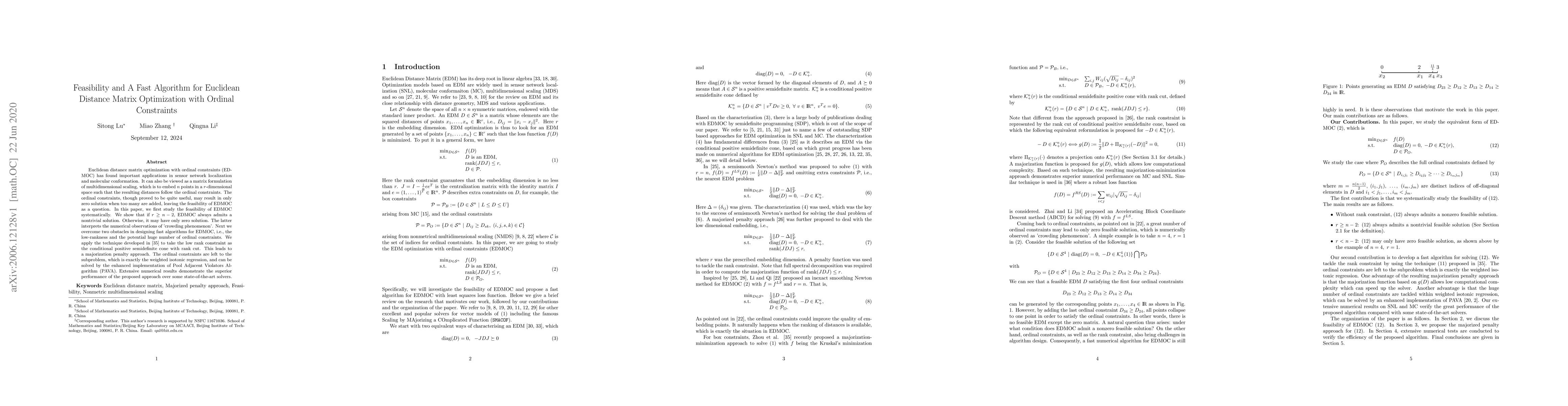 Thumbnail for Feasibility and A Fast Algorithm for Euclidean Distance Matrix
  Optimization with Ordinal Constraints