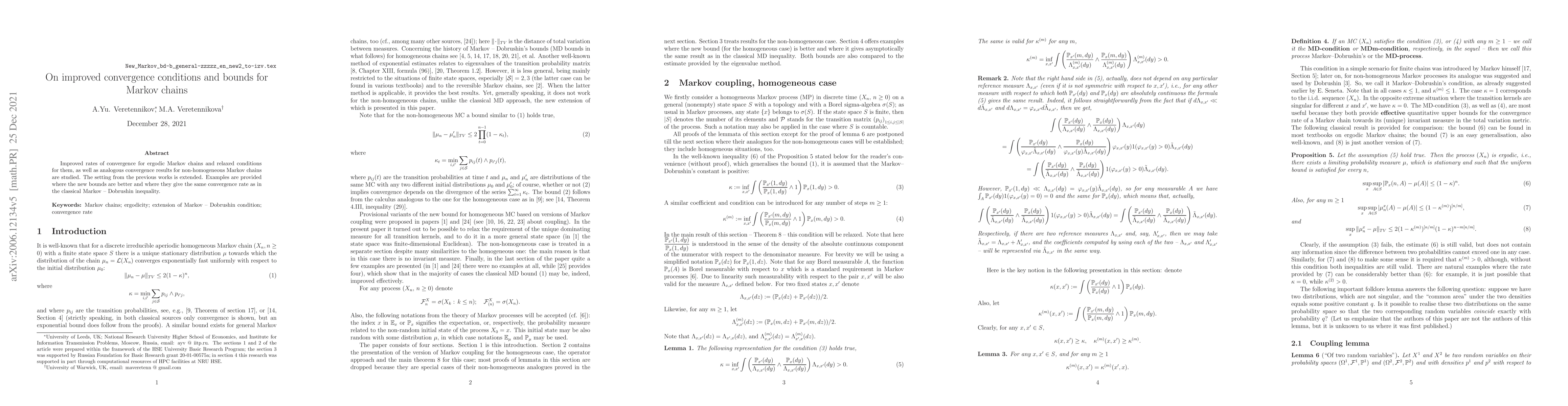 Thumbnail for On improved convergence conditions and bounds for Markov chains