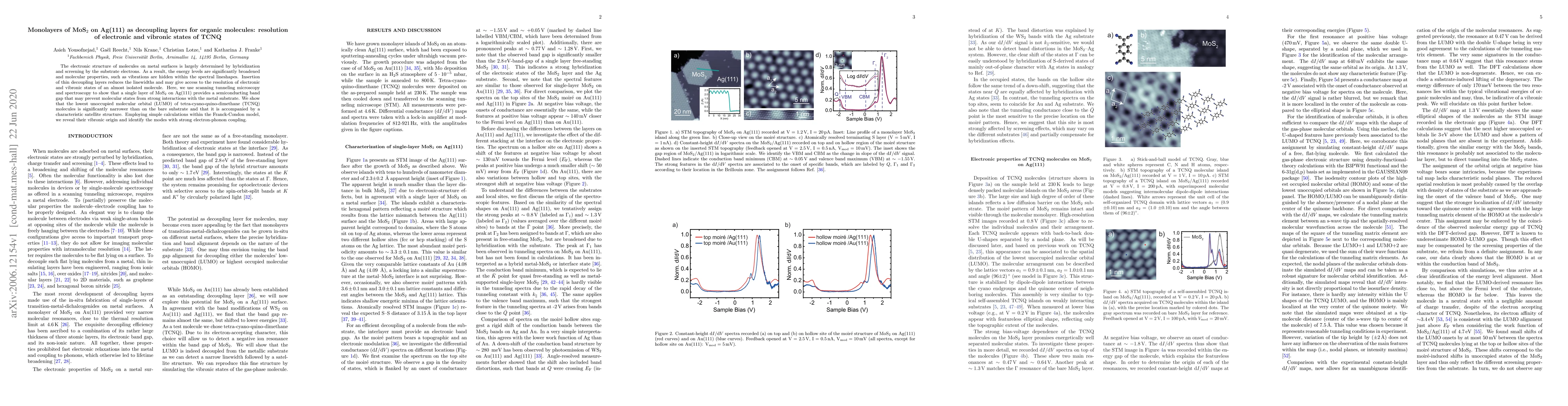 Thumbnail for Monolayers of MoS$_{2}$ on Ag(111) as decoupling layers for organic
  molecules: resolution of electronic and vibronic states of TCNQ