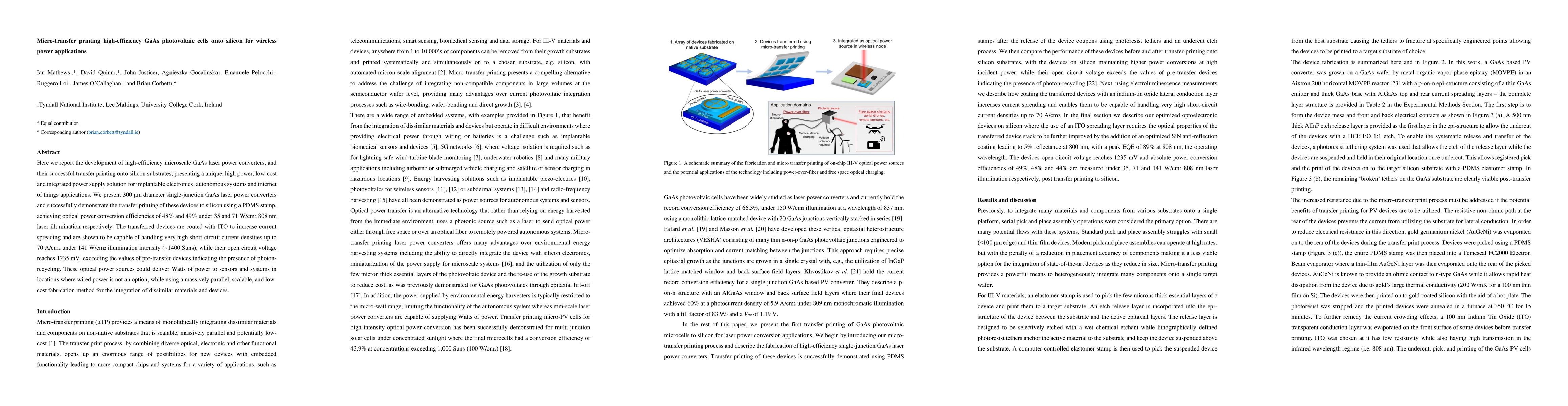 Thumbnail for Micro-transfer printing high-efficiency GaAs photovoltaic cells onto
  silicon for wireless power applications