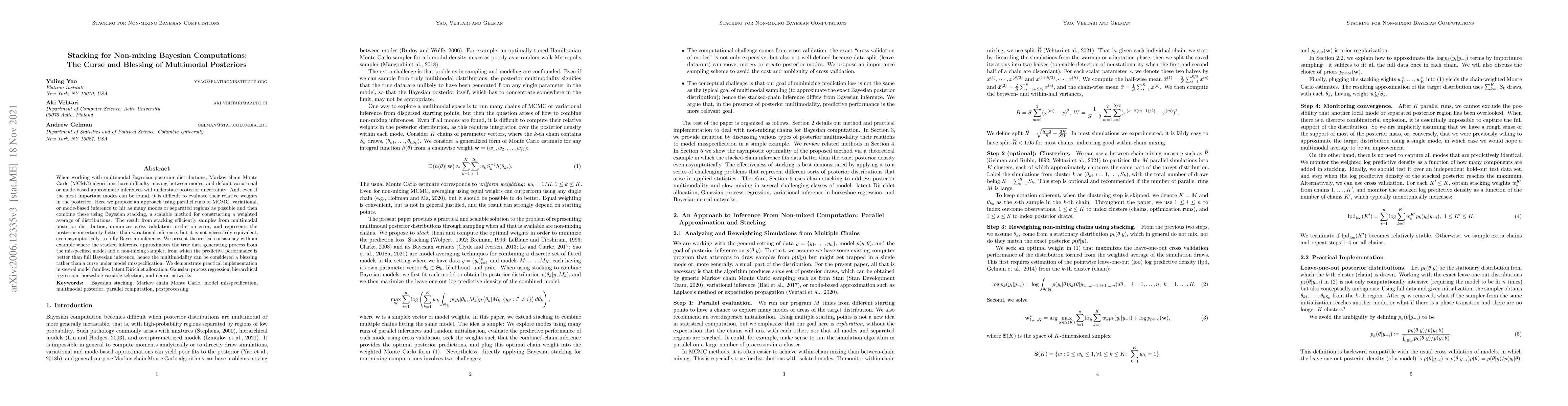 Thumbnail for Stacking for Non-mixing Bayesian Computations: The Curse and Blessing of
  Multimodal Posteriors