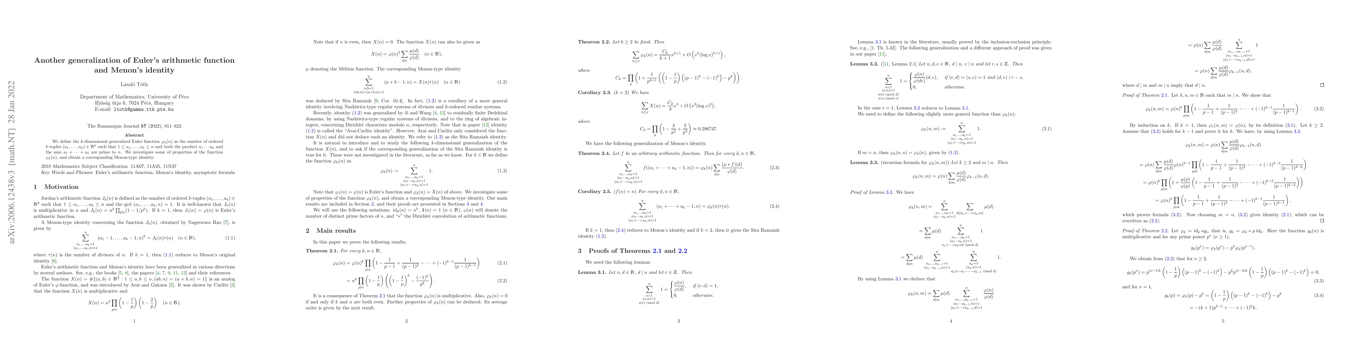 Thumbnail for Another generalization of Euler's arithmetic function and Menon's
  identity