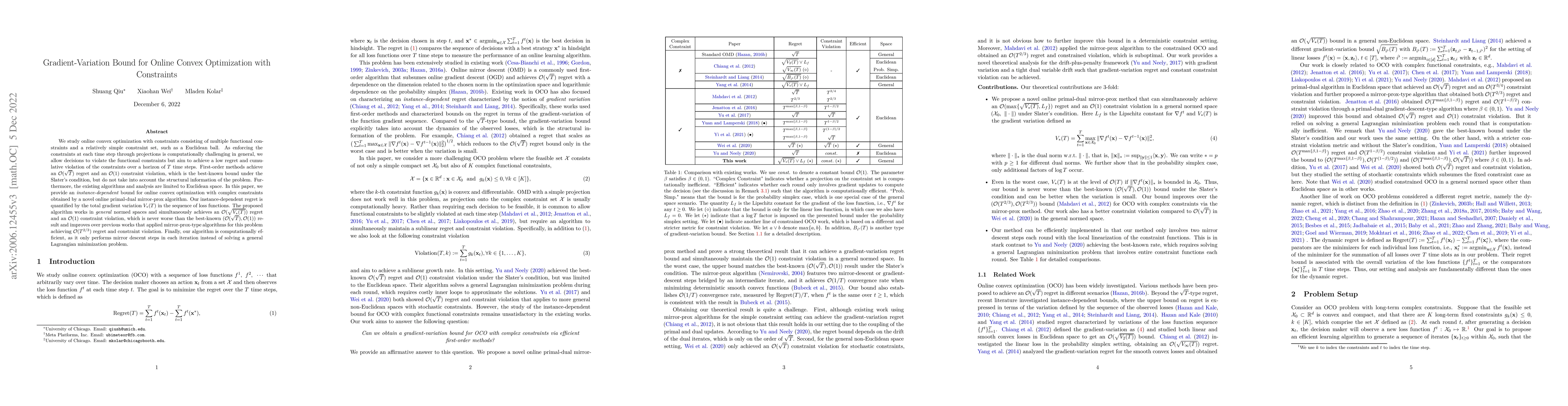 Thumbnail for Gradient-Variation Bound for Online Convex Optimization with Constraints