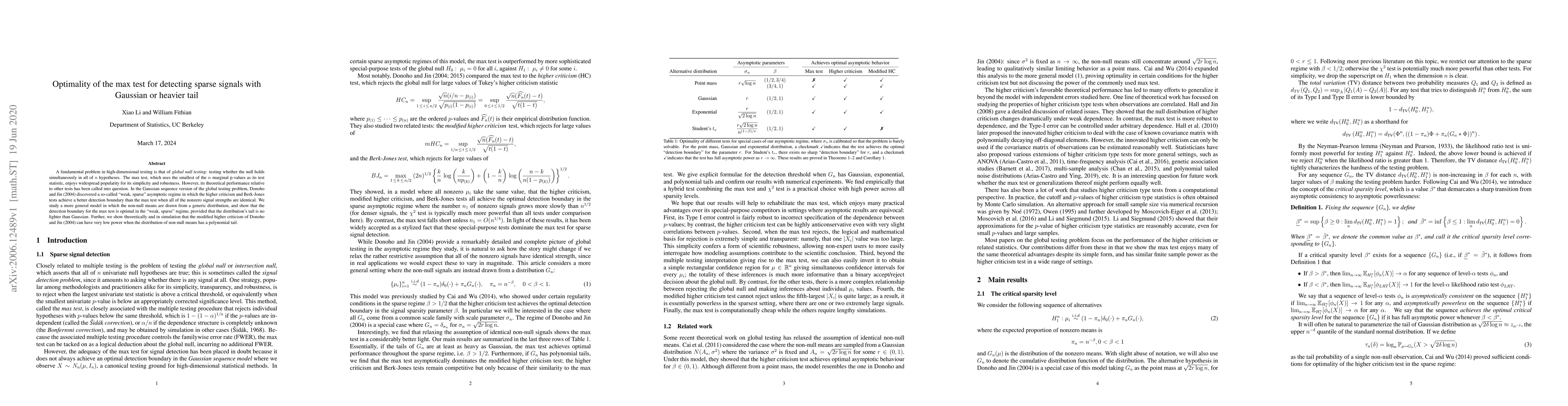 Thumbnail for Optimality of the max test for detecting sparse signals with Gaussian or
  heavier tail