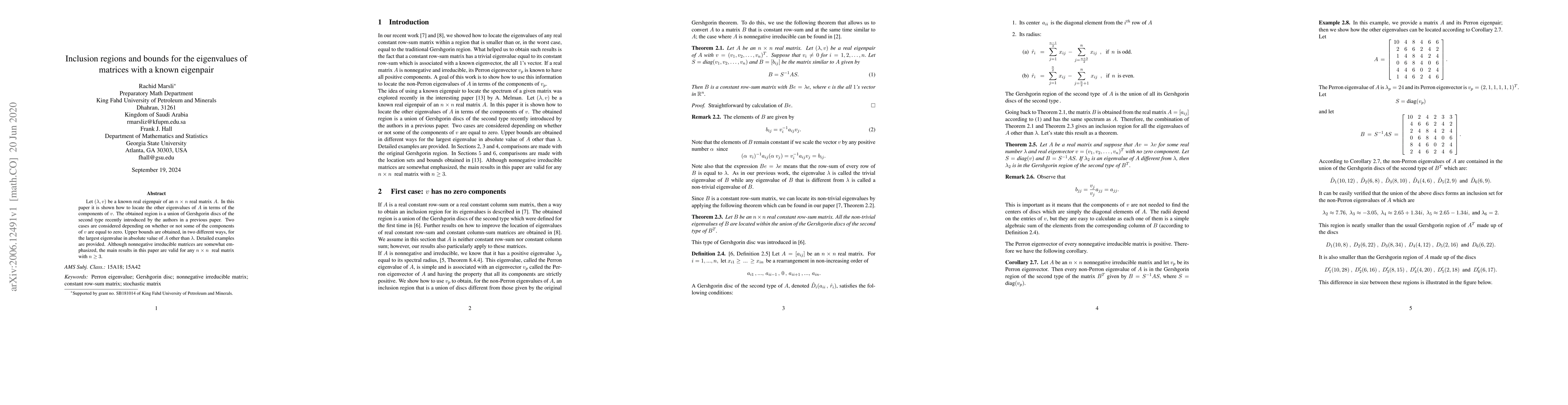 Thumbnail for Inclusion regions and bounds for the eigenvalues of matrices with a
  known eigenpair
