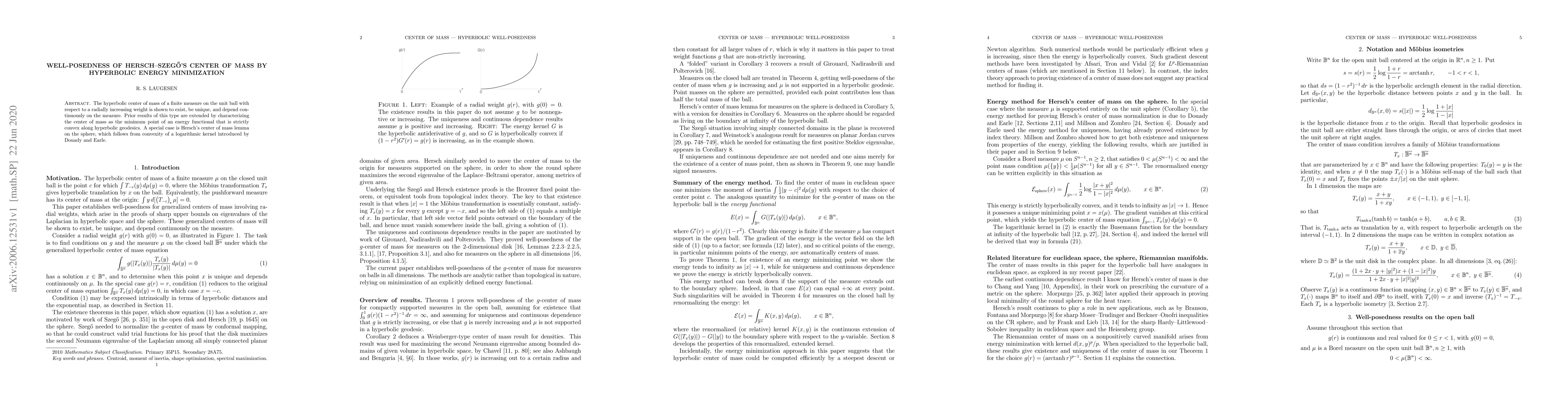 Thumbnail for Well-posedness of Hersch-Szeg\H{o}'s center of mass by hyperbolic energy
  minimization