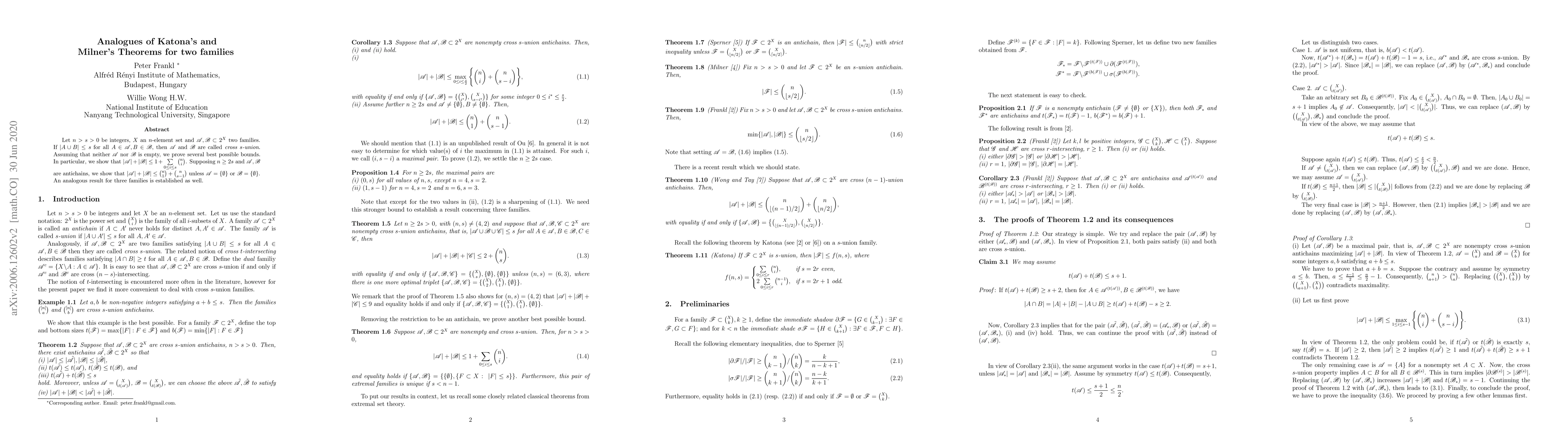 Thumbnail for Analogues of Katona's and Milner's Theorems for two families