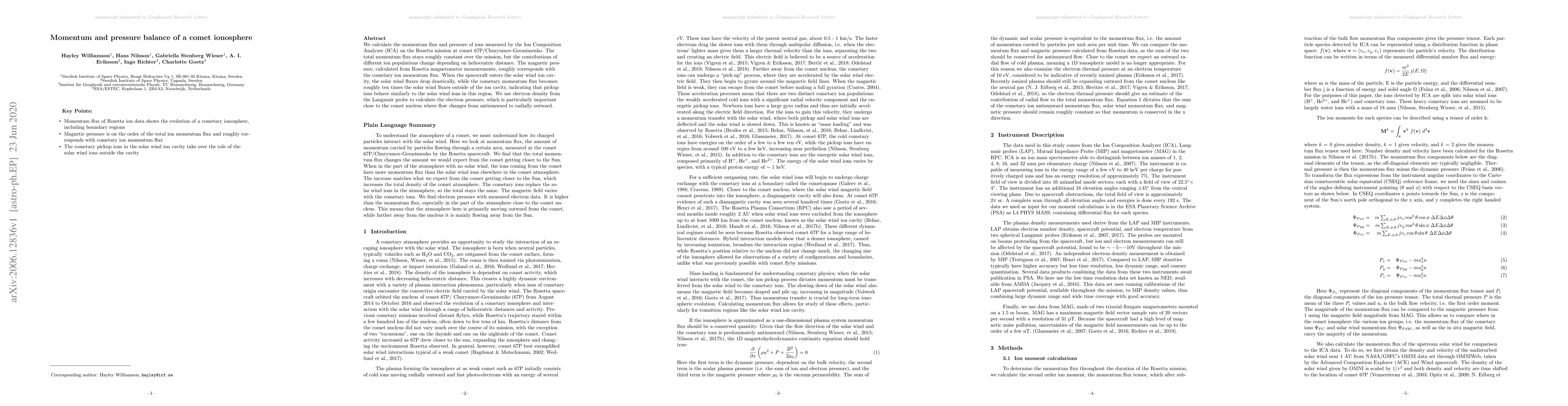 Thumbnail for Momentum and pressure balance of a comet ionosphere