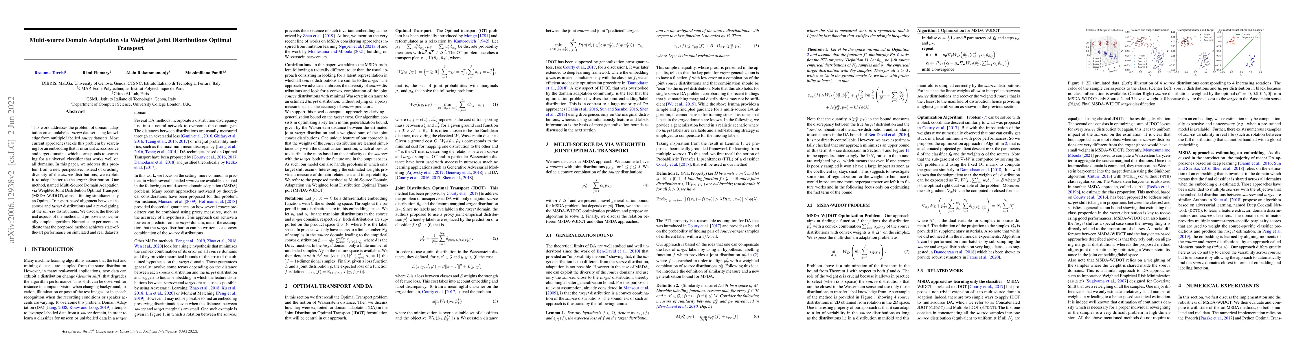 Thumbnail for Multi-source Domain Adaptation via Weighted Joint Distributions Optimal
  Transport
