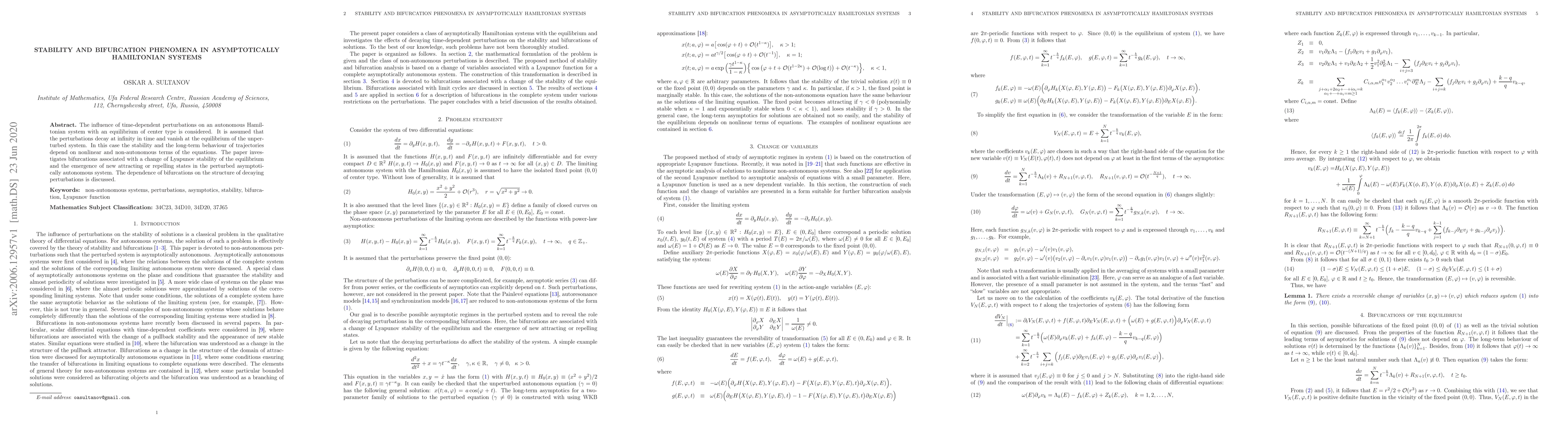 Thumbnail for Stability and bifurcation phenomena in asymptotically Hamiltonian
  systems