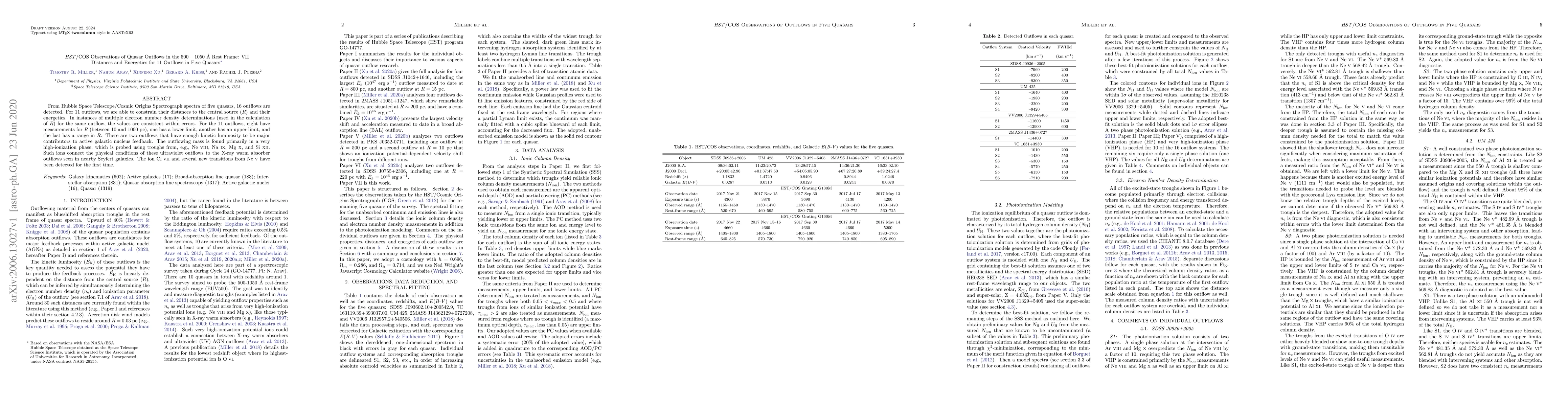 Thumbnail for HST/COS Observations of Quasar Outflows in the 500-1050 Angstrom Rest
  Frame: VII. Distances and Energetics for 11 Outflows in Five Quasars