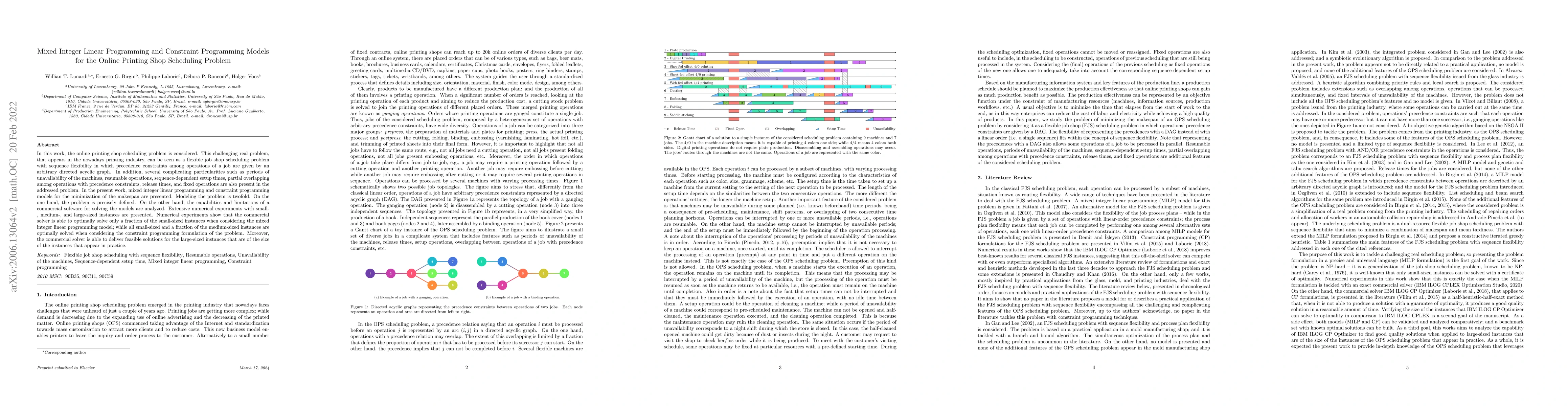 Thumbnail for Mixed Integer Linear Programming and Constraint Programming Models for
  the Online Printing Shop Scheduling Problem