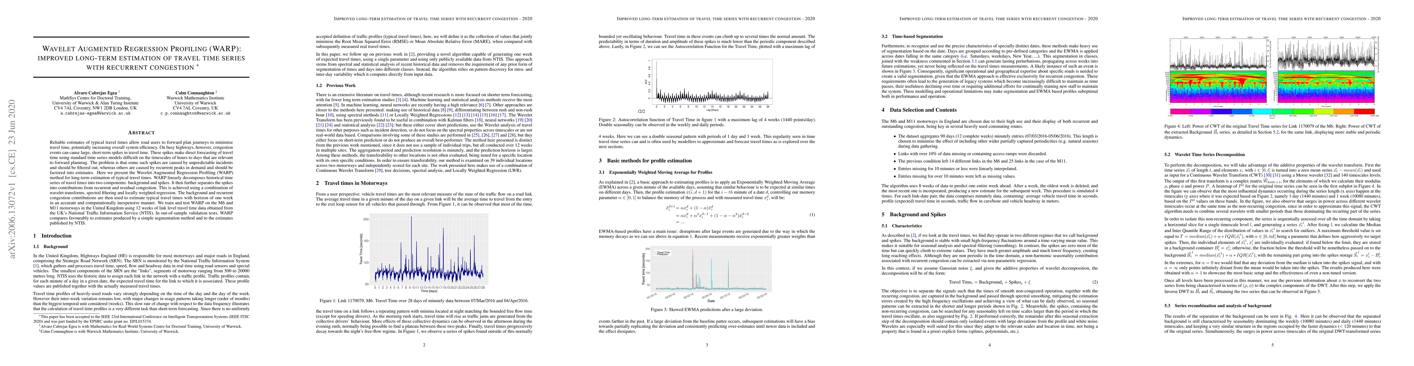 Thumbnail for Wavelet Augmented Regression Profiling (WARP): improved long-term
  estimation of travel time series with recurrent congestion