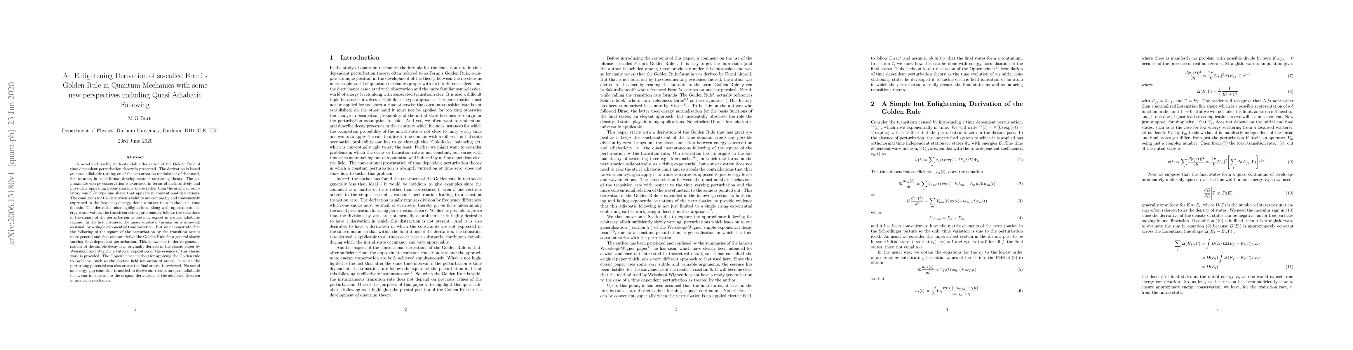 Thumbnail for New Perspectives on the so-called Fermi's Golden Rule in Quantum
  Mechanics including Adiabatic Following