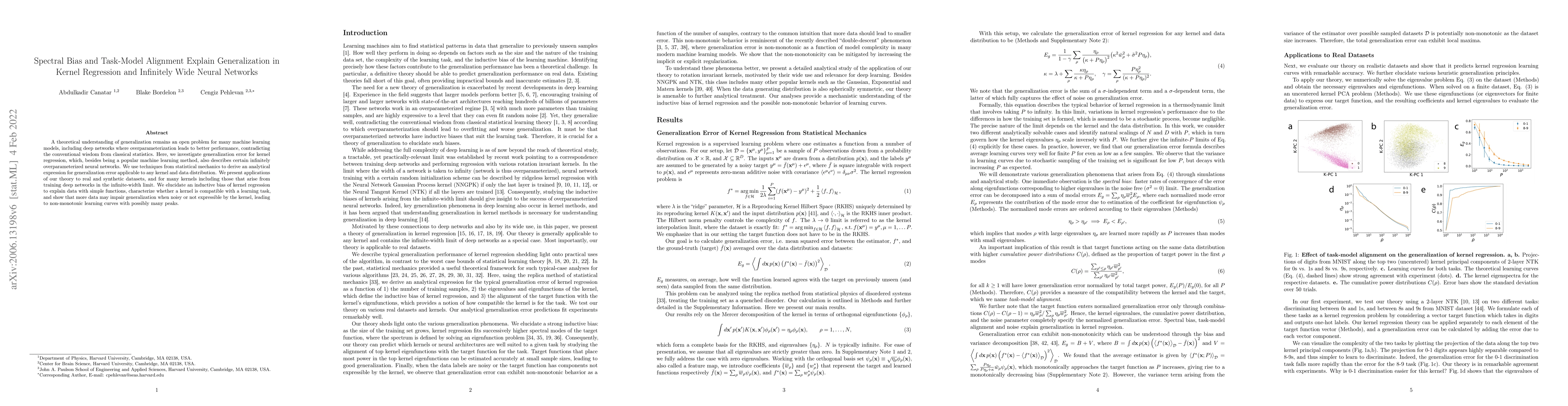 Thumbnail for Spectral Bias and Task-Model Alignment Explain Generalization in Kernel
  Regression and Infinitely Wide Neural Networks