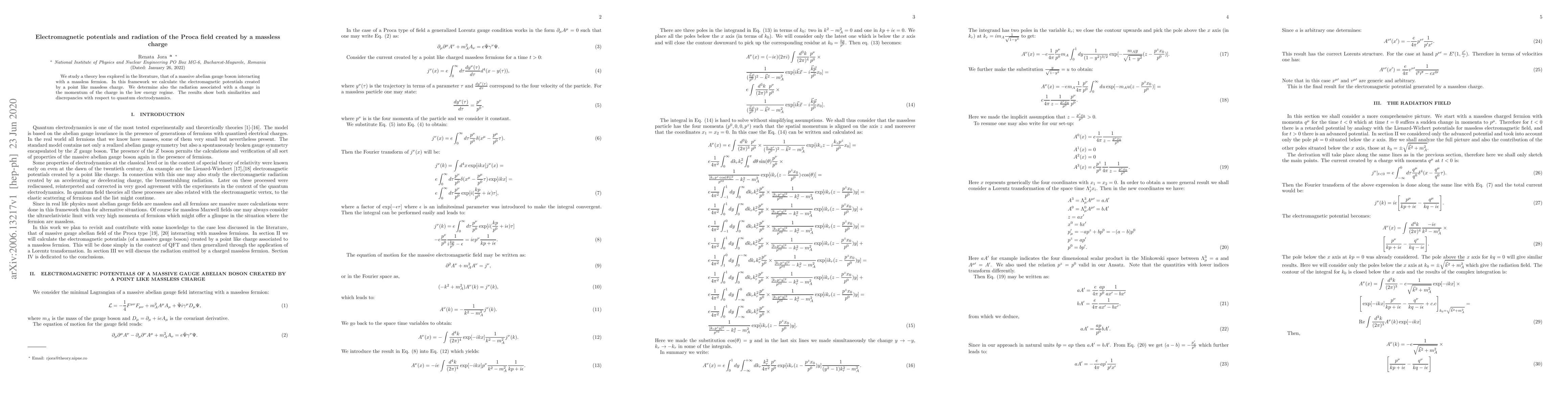 Thumbnail for Electromagnetic potentials and radiation of the Proca field created by a
  massless charge