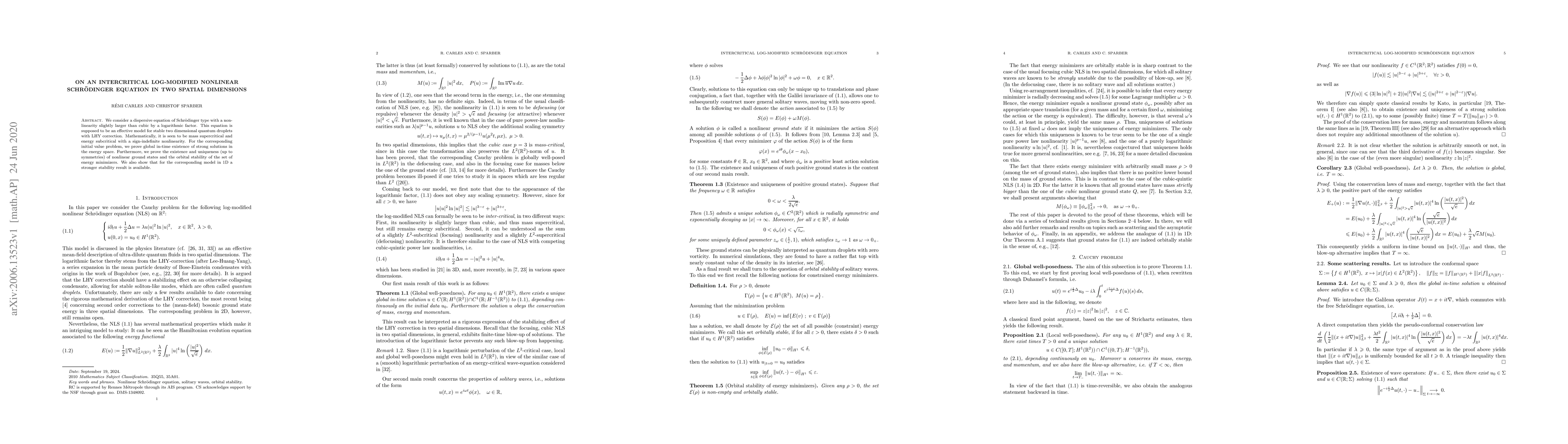 Thumbnail for On an intercritical log-modified nonlinear Schrodinger equation in two
  spatial dimensions