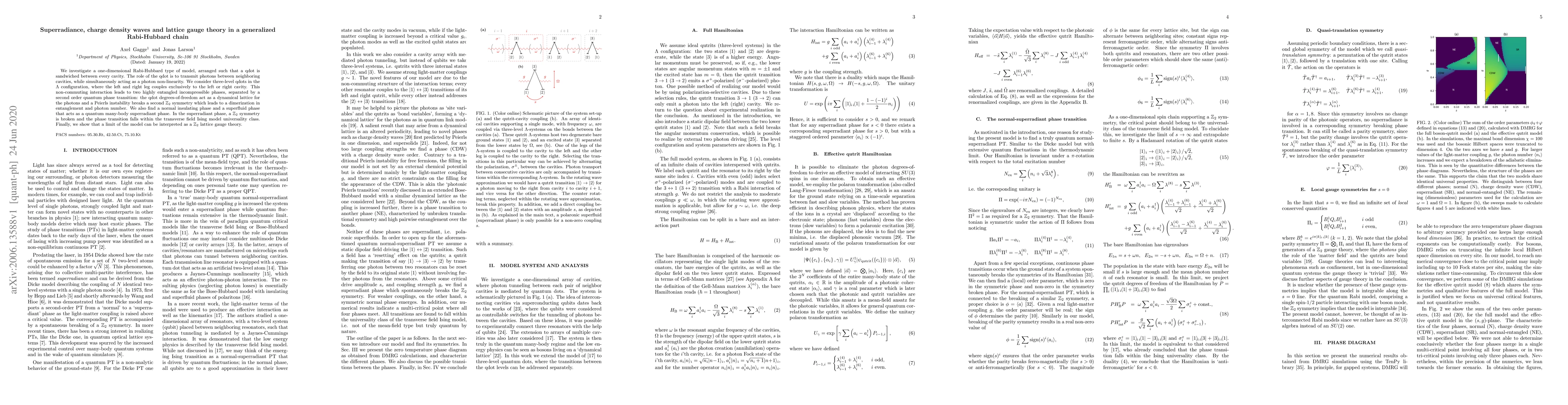Thumbnail for Superradiance, charge density waves and lattice gauge theory in a
  generalized Rabi-Hubbard chain