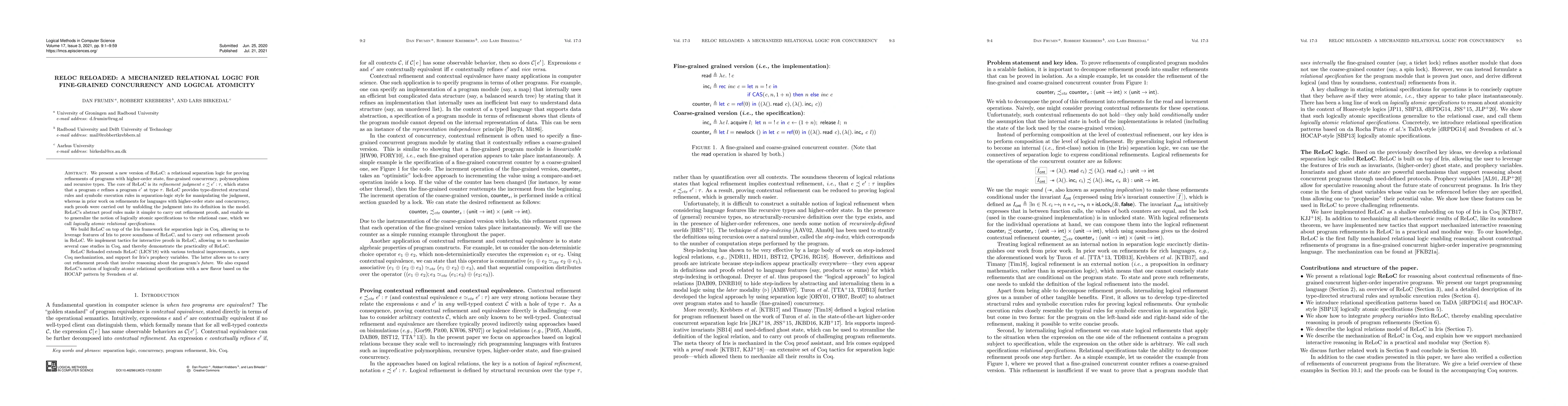 Thumbnail for ReLoC Reloaded: A Mechanized Relational Logic for Fine-Grained
  Concurrency and Logical Atomicity