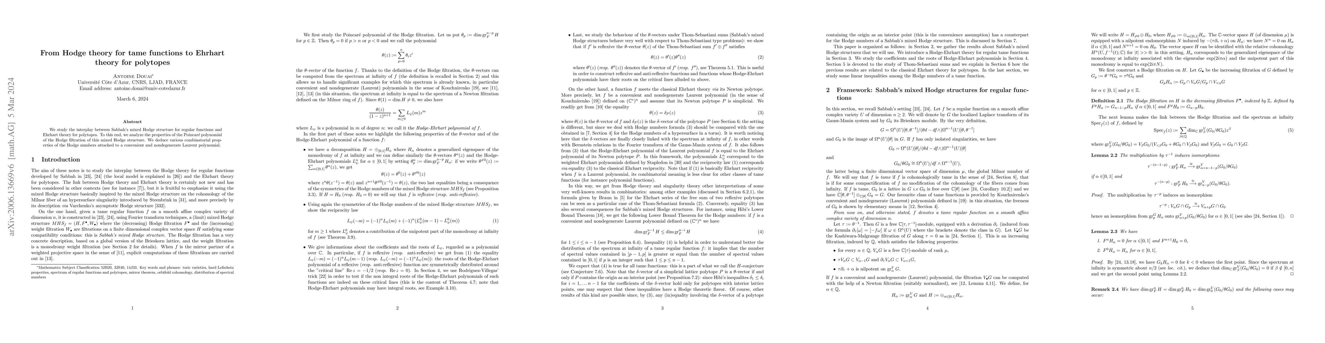 Thumbnail for From Hodge theory for tame functions to Ehrhart theory for polytopes