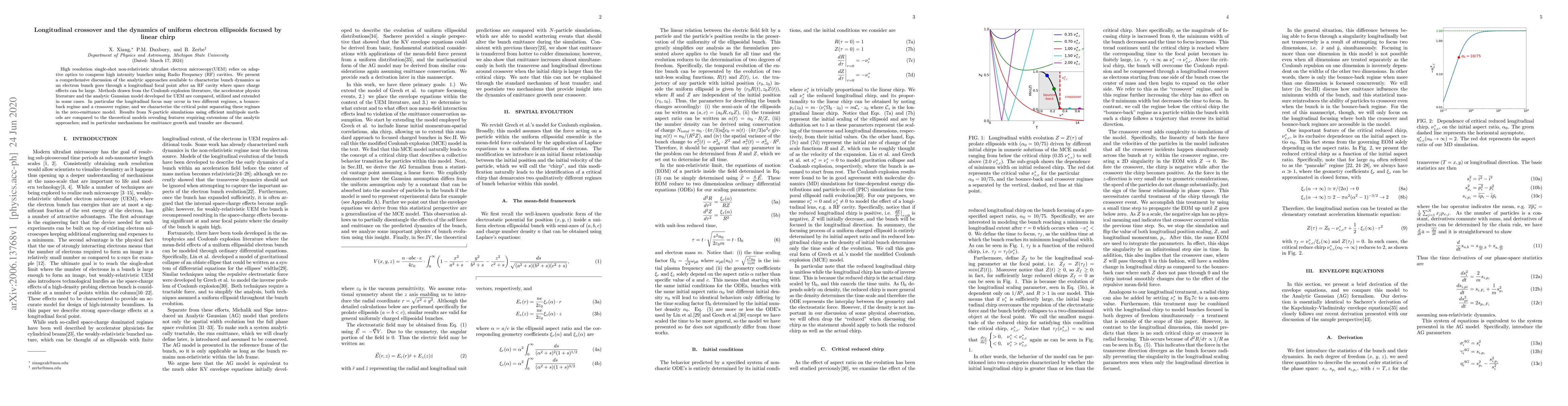 Thumbnail for Longitudinal crossover and the dynamics of uniform electron ellipsoids
  focused by linear chirp