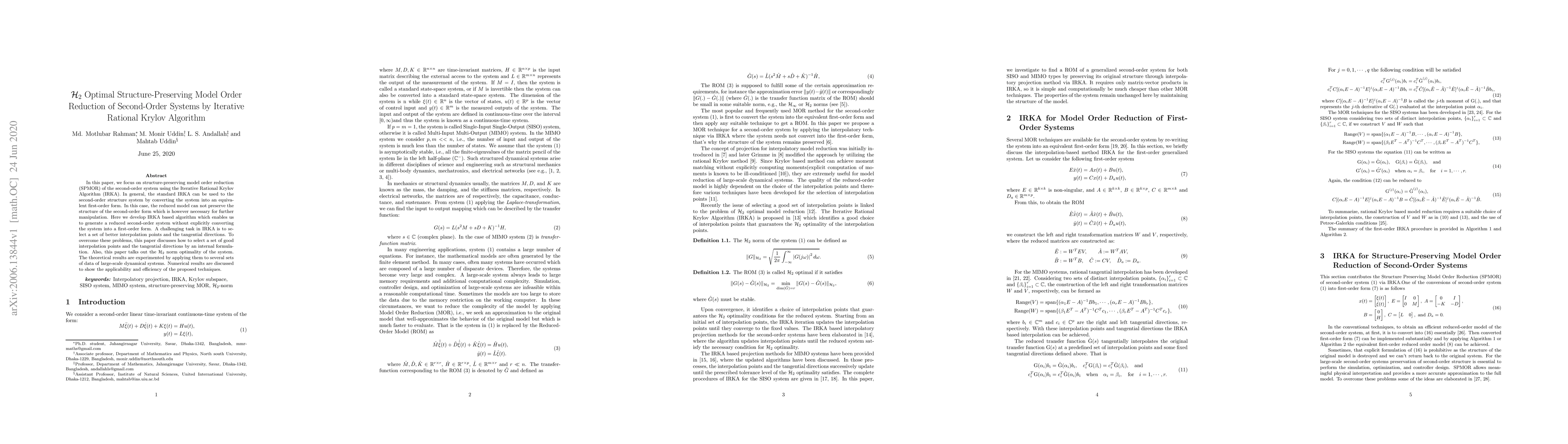 Thumbnail for Interpolatory Projection Techniques for $\mathcal{H}_2$ Optimal
  Structure-Preserving Model Order Reduction of Second-Order Systems